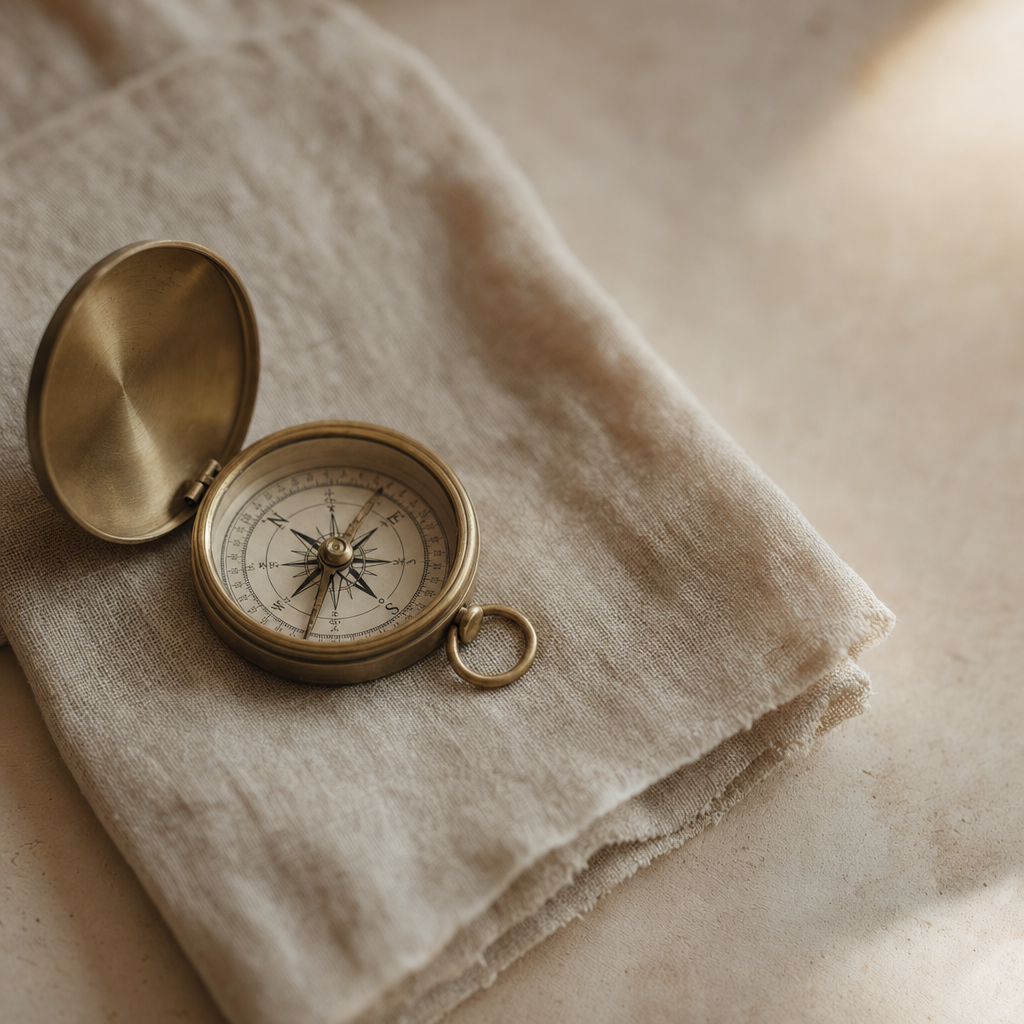 A pocket compass on linen